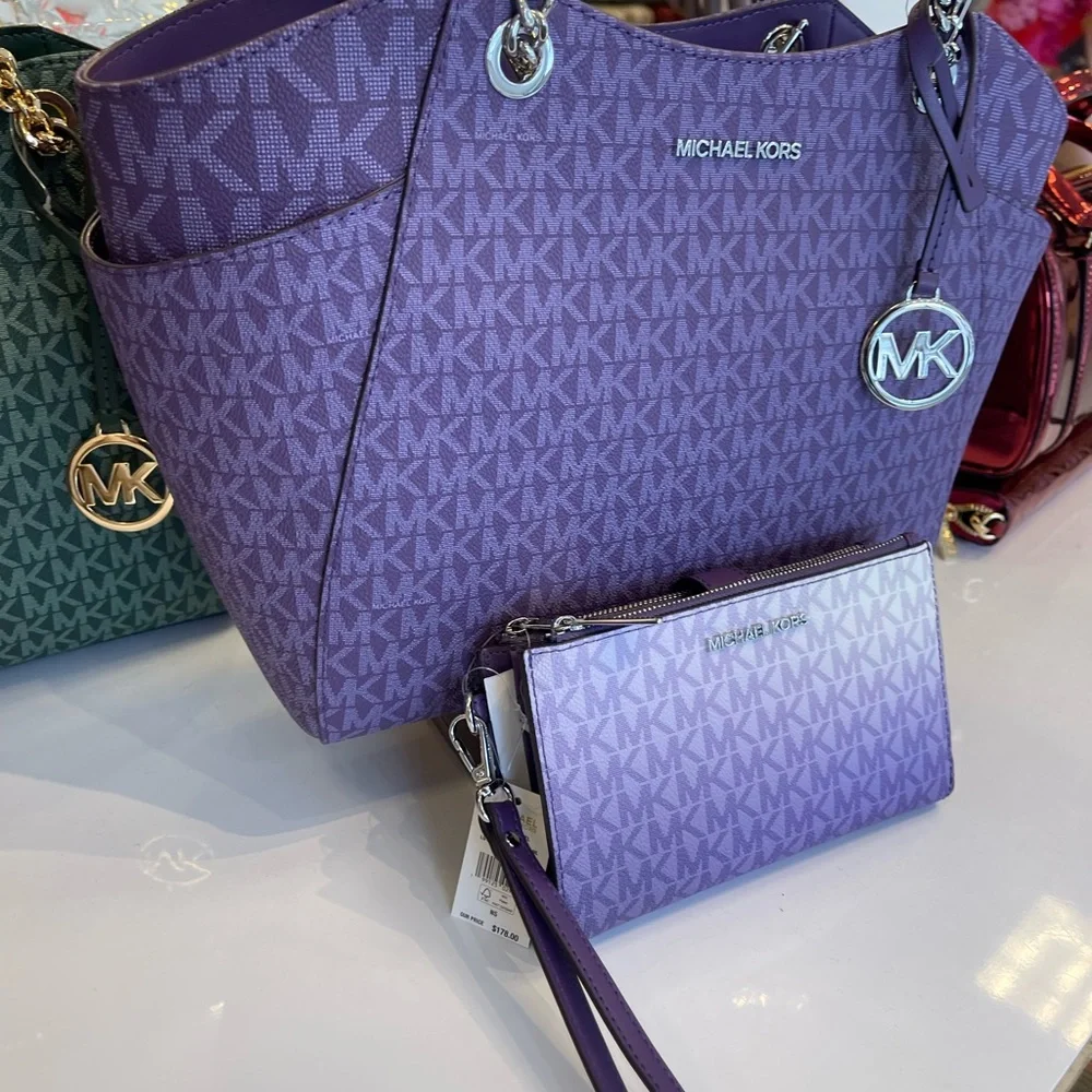 MICHAEL KORS JST Lg Chain Shoulder Tote & Double Zip Wristlet Wallet 
Dk Purple - Picture 3 of 16
